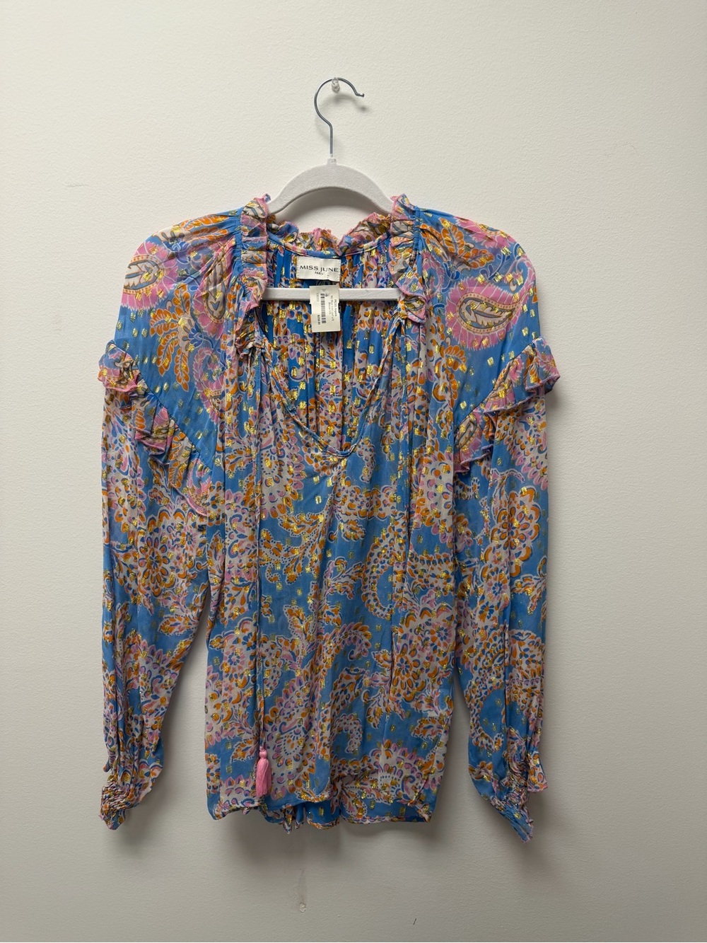 Miss June Paris Blue Paisley Ruffle Blouse